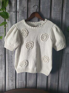 Joie Crochet Floral Knit Top Short Puff Sleeve Coquette Cream Sweater S